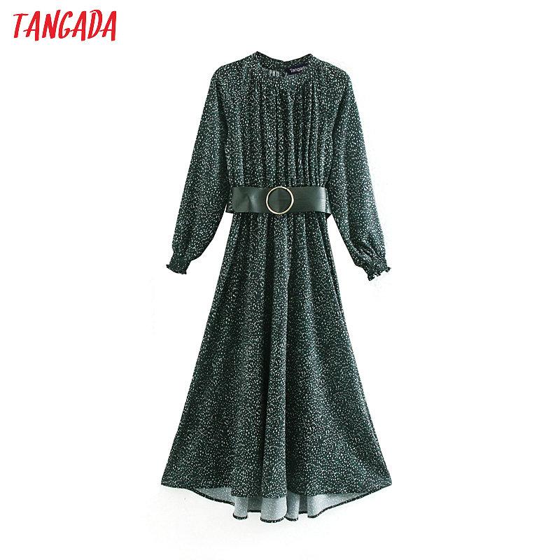 

Tangada fashion women green dots print dress with belt Stand Collar Long Sleeve Ladies Loose midi Dress Vestidos XN16