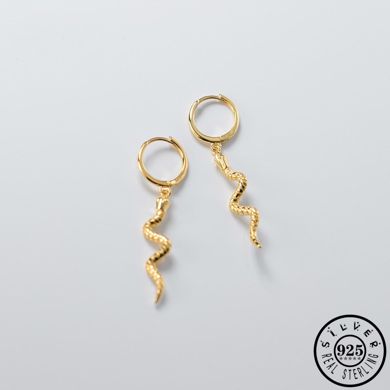 

925 Sterling Silver Statement Snake Pendant Gold Color Plated Unique Ear Hoops Piercing Earrings Fine Party Jewelry for Women