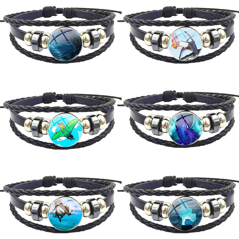 

For Girls Handmade Gift Glass Cabochon Black Leather Bracelet Bangle Time Stone Jewelry Blue Color Pterosaurs