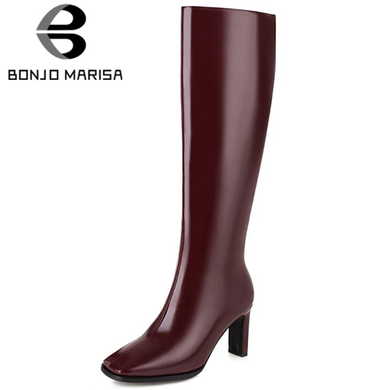 

BONJOMARISA On Sale Ladies Fashion High Heels Mid Calf Boots Square Toe Zipper Boots Women 2020 Designer Brand Shoes Woman, White