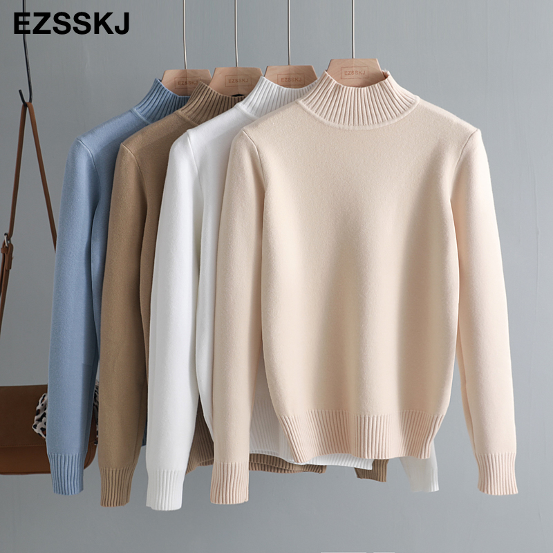 

Korean Style Loose Sweater Women Pullover Casual Half Turtleneck Long Sleeve Knit Sweater Female Jumpers solid basic sweater, White