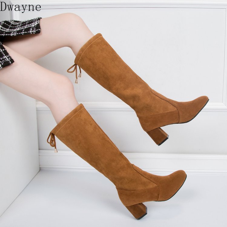 

2020 autumn new high boots women fashion simple solid color suede comfortable thick heel casual high heel boots, Black