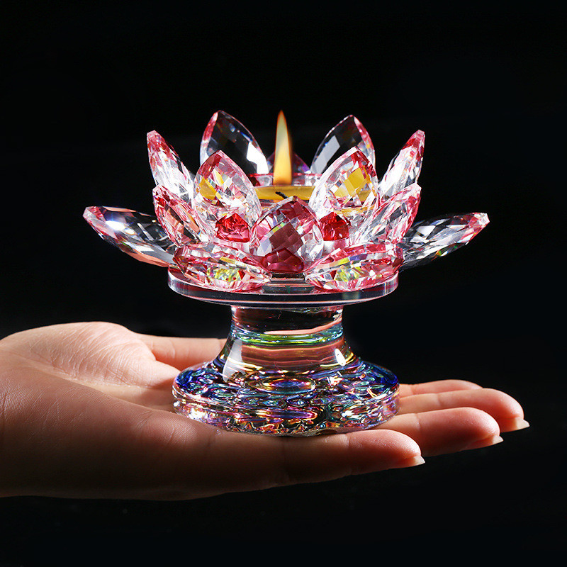 

K9 Crystal Lotus Flower Figurine Miniature Garden Fengshui Ornaments Home Decor Accessories Modern Buddhist Candlestick Holder