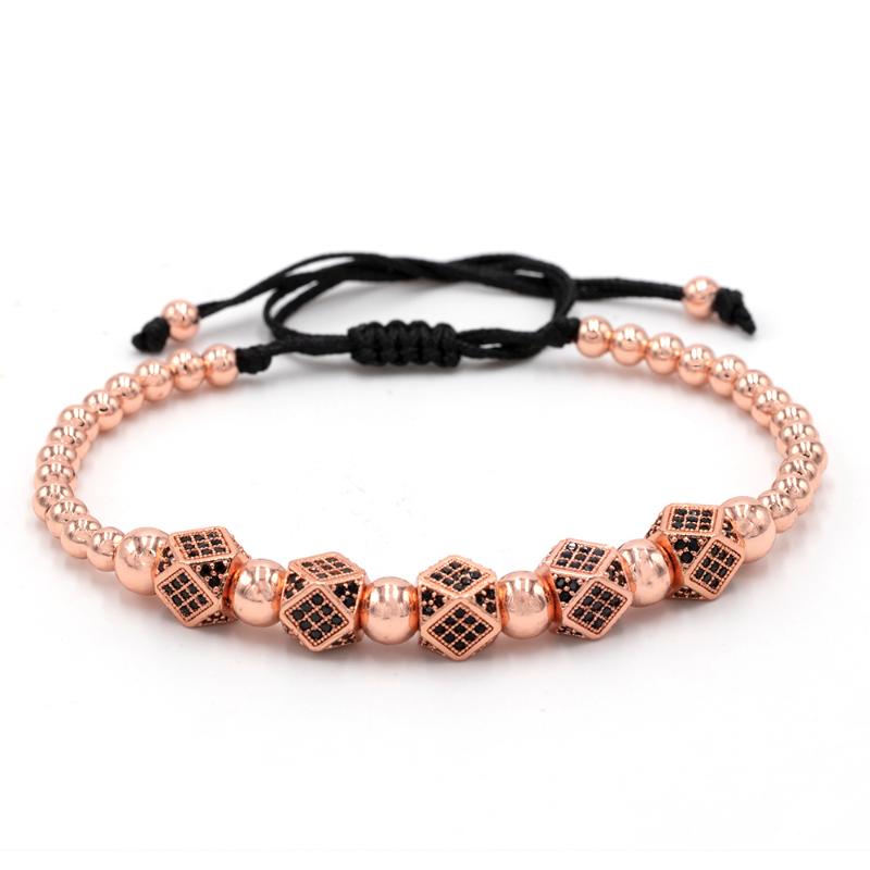 

Ainofo Luxury Men Rose Gold Bracelets Round Beads Micro Pave Black CZ Beads Cube Dice Macrame Braided Charm Bracelets