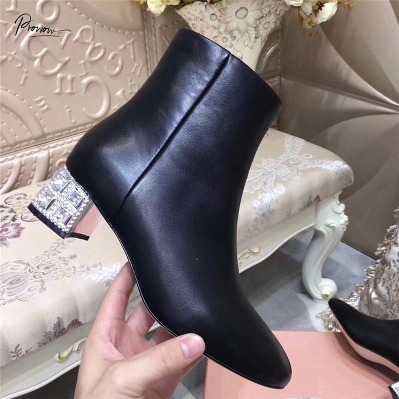 

Prowow New Fashion Style Black Women Ankle Boots Round Toe Side Zip Crystal Thick Heel Boots Women Genuine Leather Shoes Woman, Leather surface