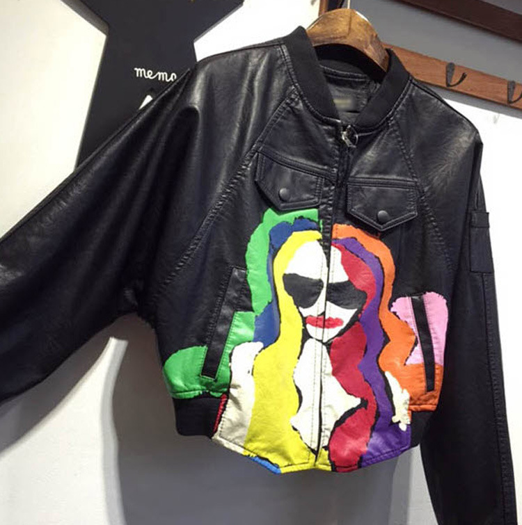 

Top Quality Original Design Women's female's bat print Leather Jacket Blazer new DJ punk leather short jacket Motorcycle Jacket black