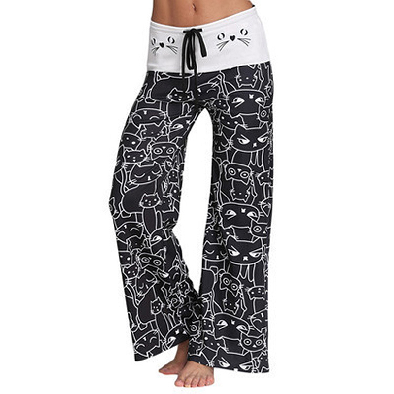 

Cute Cartoon Cat Printing Women' Sleep Bottoms Pajama Long Pants Bell-bottoms Trousers Women Casual Wide Leg Pants, Beige