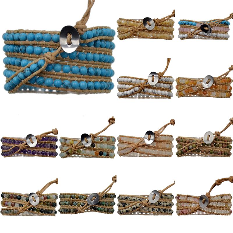 

3Pcs/Lot 3 Wraps Natural Mens Women's Gem stone Wrap Genuine Leather Bangle Bracelet Beads Fashion Crystal Diy Jewelry Wholesale