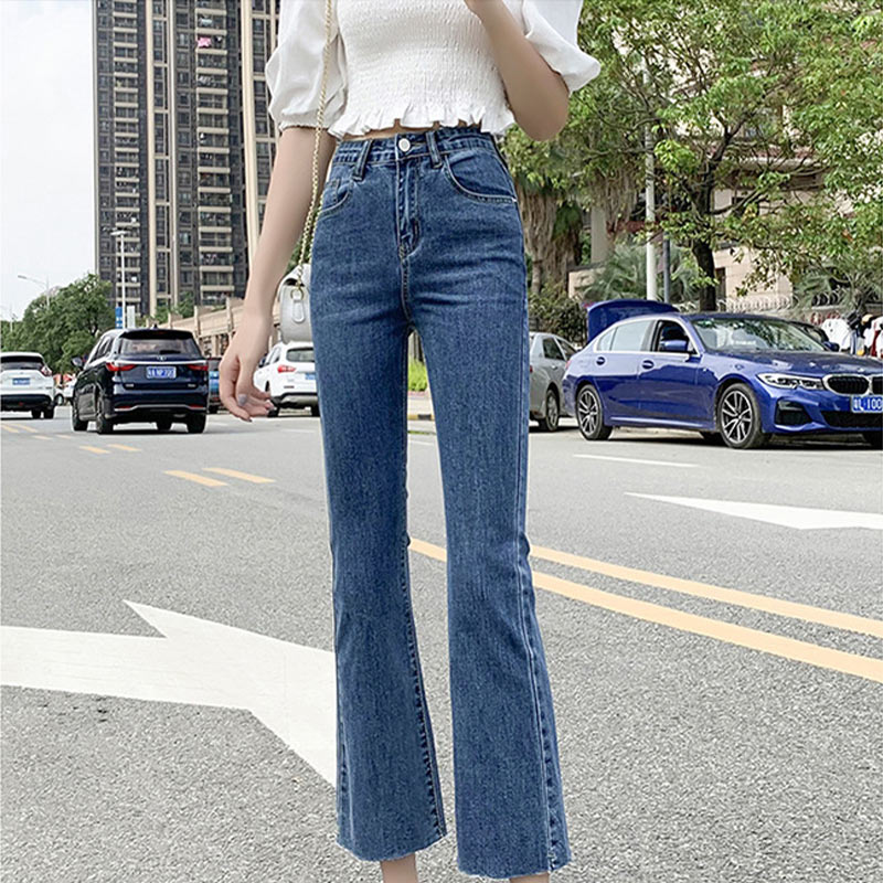 

Slim Stretchy Ankle Length Micro Flare Women Jeans High Waist Zipper Pockets Lady Trousers 2020 Autumn Casual Wild Female Jeans, Blue