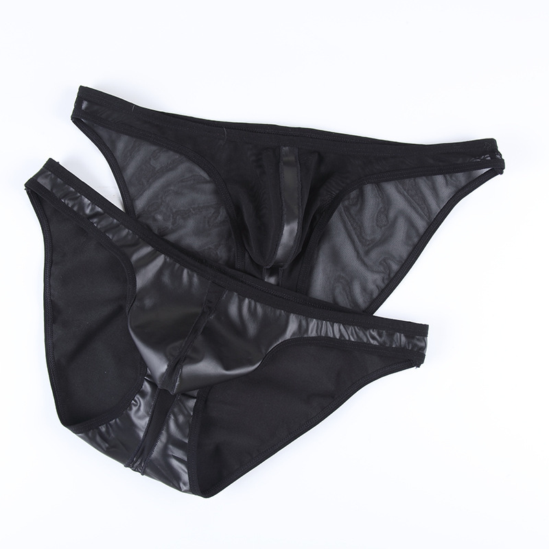 

New Men's Underwear Sexy Transparent Breathable Imitation Leather G Panties Sexy Briefs Thin Mesh Underwear, Black