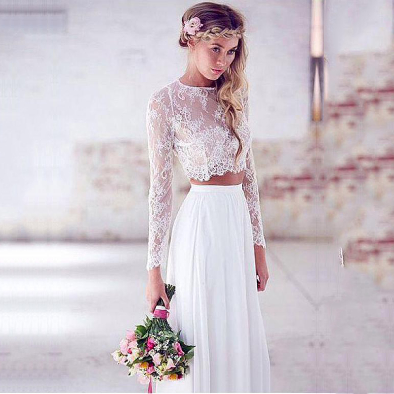 

Chiffon Two Piece Wedding Dress 2020 Long Sleeves White Ivory Lace Beach Bridal Dress Boho Wedding Gowns plus size, Custom made