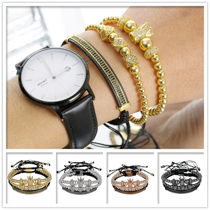 

3pcs/set Handmade Luxury CZ ball Crown Charm Copper Bead Macrame Bracelets Gold Crystal Tube Bracelets&Bangles Set For Women Men