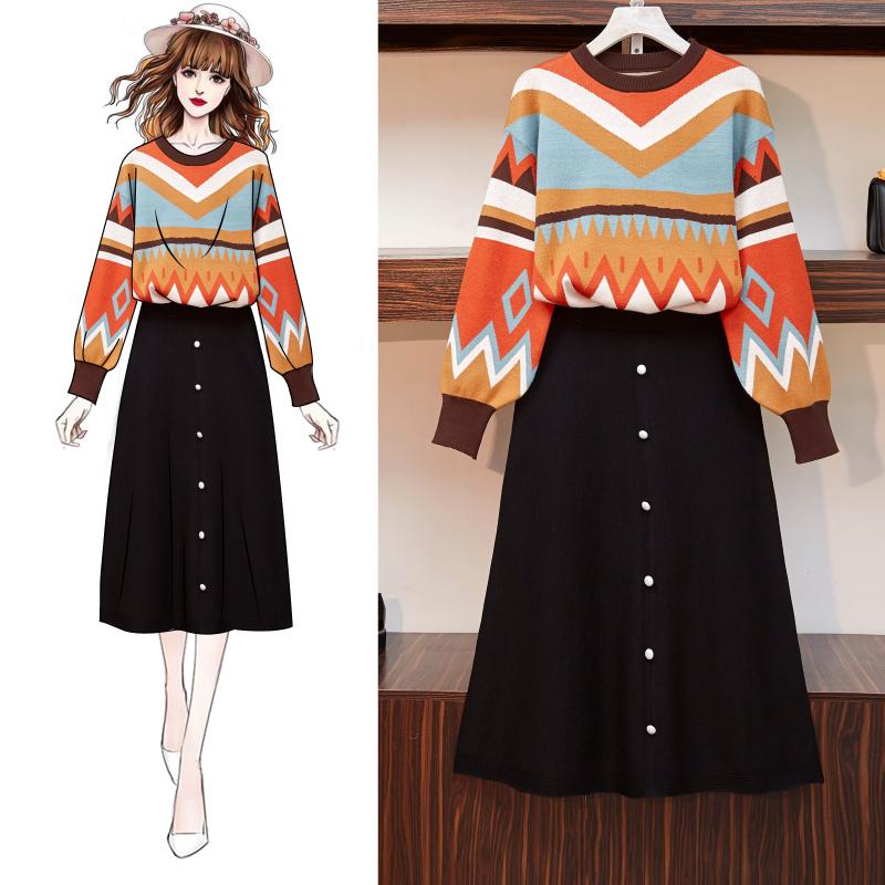 

Plus Size 3XL Women Knitted Sweaters 2 Piece Set Autumn Long Sleeve Jacquard Pullover Tops + Black Skirt Two Piece Set Knit Suit, Picture color