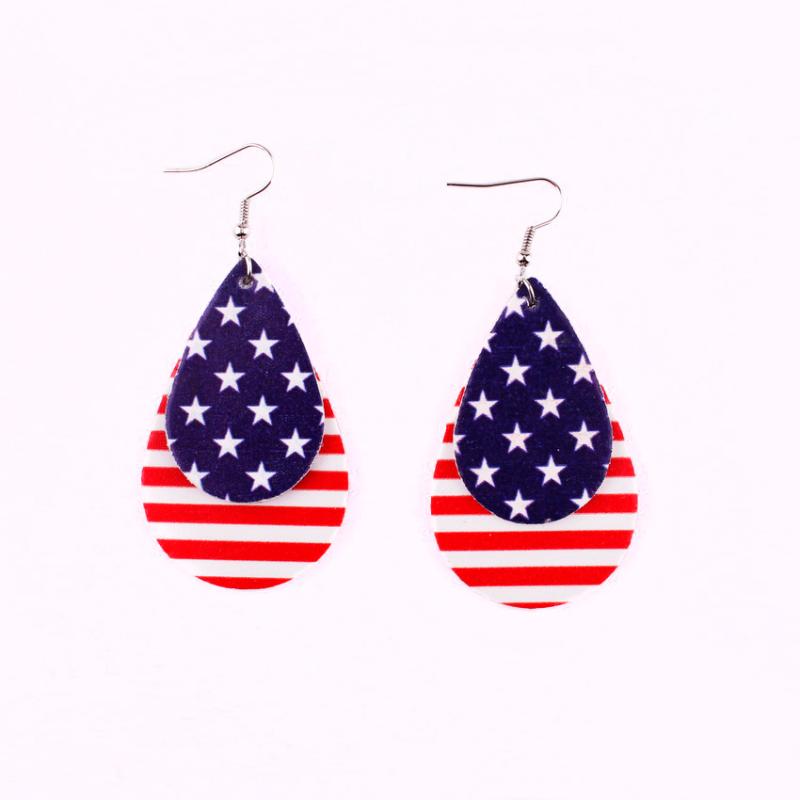 

Dangle & Chandelier Independence Day American Flag US Stars And Stripes PU Leather Round Leaf Teardrop Drop Earrings For Women Jewelry