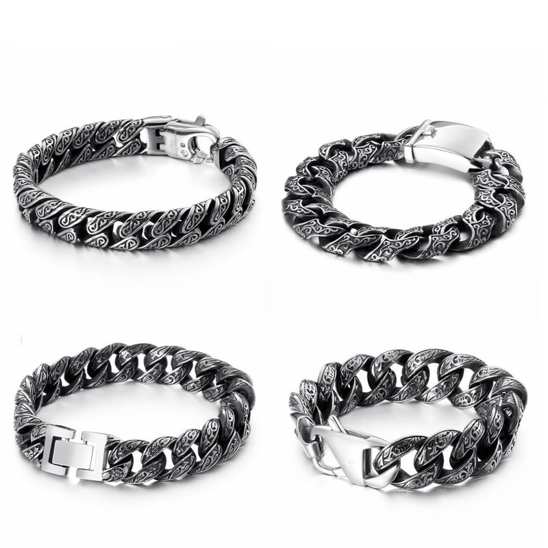 

Punk Curb Cuban Link Chain Bracelets Vintage Men Stainless Steel Mysterious Symbol Charm Bike Pulseira Masculina Heavy Jewelry
