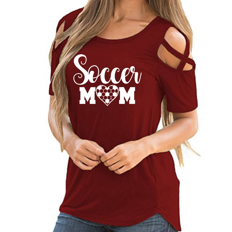 

Soccer Mom Letters Print Shirt Female Harajuku Off Shoulder T-Shirt Women Graphic Sport Lover Mother Gift Hollow Femme Tops, Black
