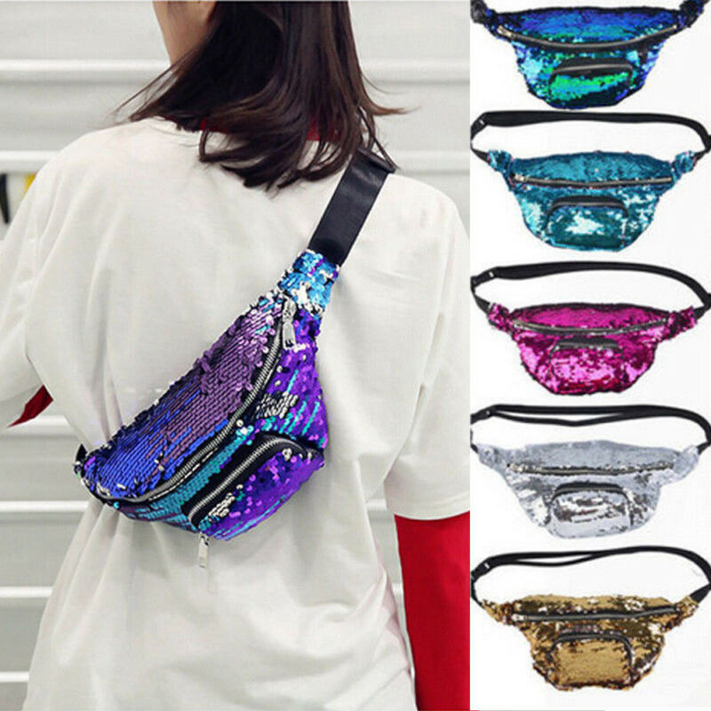 

Women's Belt Bag For Running Sequins Glitter Waist Bag Fanny Pack Pouch Hip Purse Satchel Fashion Crossbody Shoulder Pocket Belt, Sky blue