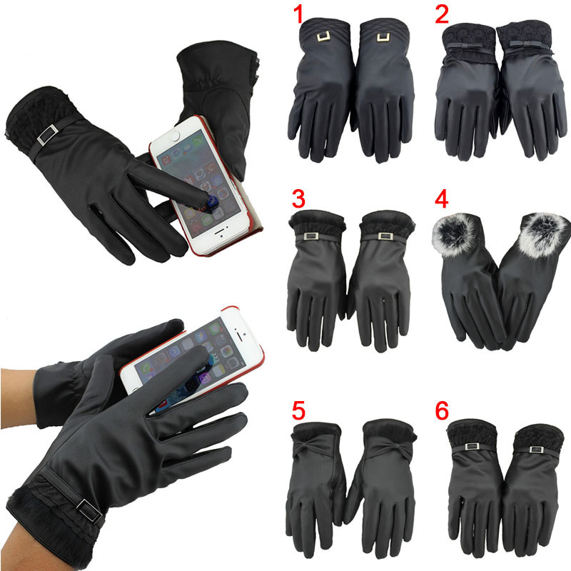 

Autumn Winter Women Gloves PU Leather Velvet Keep Warm Windproof Full Finger Touches Screen Mittens Lady Causal Glove SER88