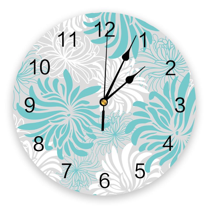 

Modern Wall Clock Aqua Floral Texture PVC Wall Clock Home Decor Bedroom Silent Oclock Watch for Living Room