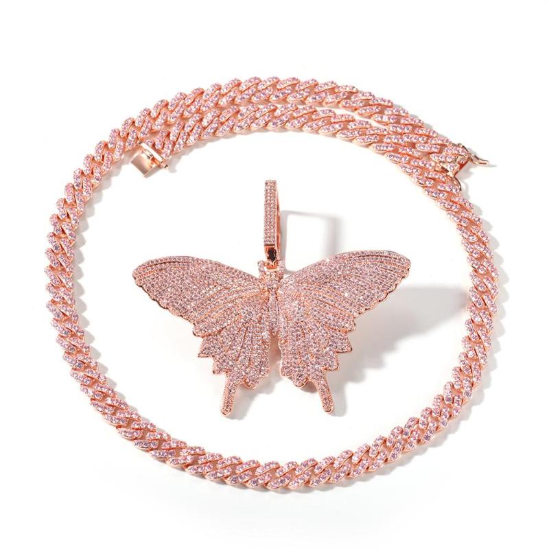 

Men's Iced Out Big Pink Butterfly Pendant Cubic Zirconia Necklace Hip Hop Jewelry Charm Women Gift with Tennis or Cuban Chain