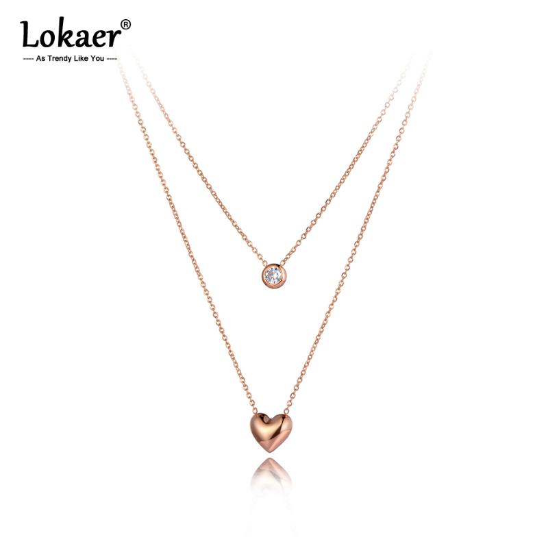 

Lokaer Bohemia Design Double Layer Heart Pendant Necklaces For Women Stainless Steel CZ Crystal Chain Choker Necklace N20149