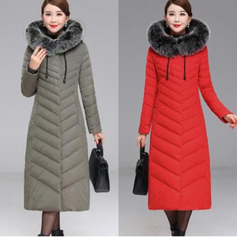 

Middle-aged Women's Winter White duck down Jacket Hooded Long Coat Slim Thicken Warm Fur collar Down Jackets size, Black