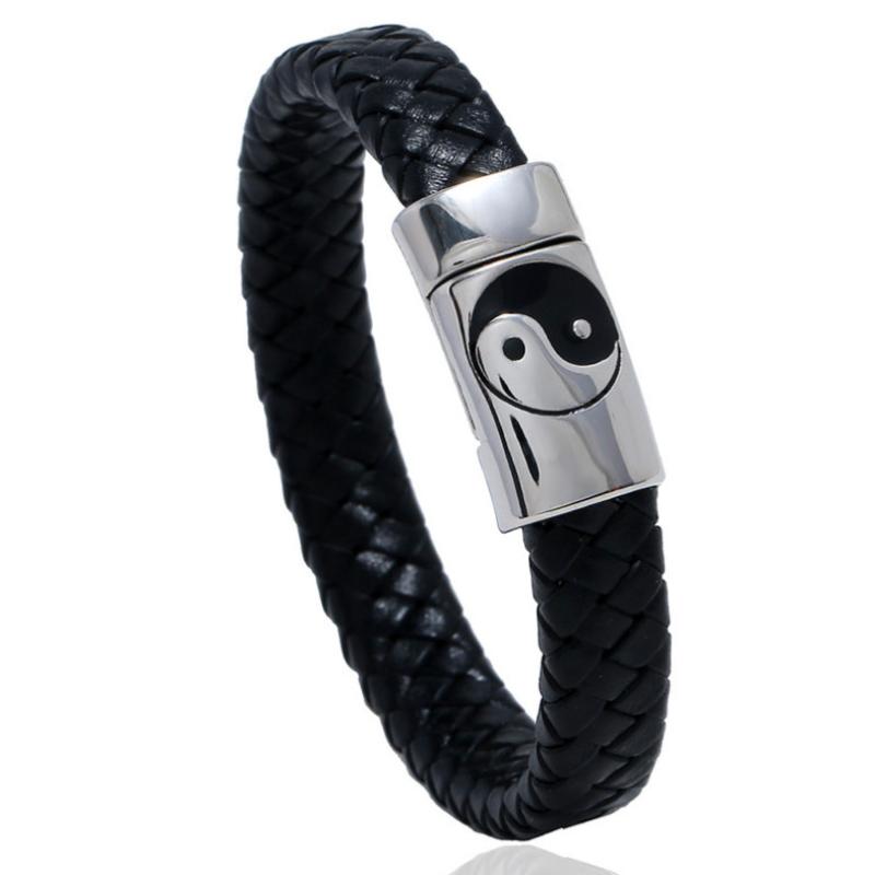 

Fashion Vintage Black Stainless Steel Tai Chi Bracelet Weave Leather Magnetic Clasp Men Women Wristbands Bangle Yin Yang Jewelry