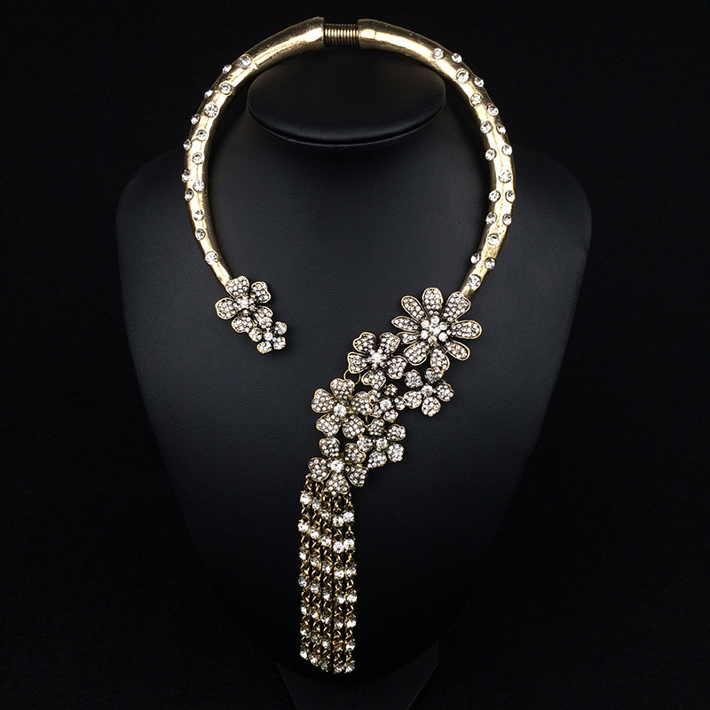 

Vintage Statement Open Choker Necklace Women Multi layer Crystal Flowers Tassel Pendants Necklaces Large Collar Choker Necklace