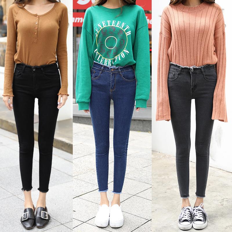 

New Fashion Skinny Jeans Woman Casual Vintage High Waist Frayed Denim Pencil Pants 2020 Spring Wash Blue Black Jeans Plus Size