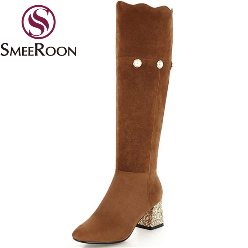 

Smeeroon 2020 new string bead knee high boots comfortable square toe boots leisure keep warm winter campus shoes woman, Grey