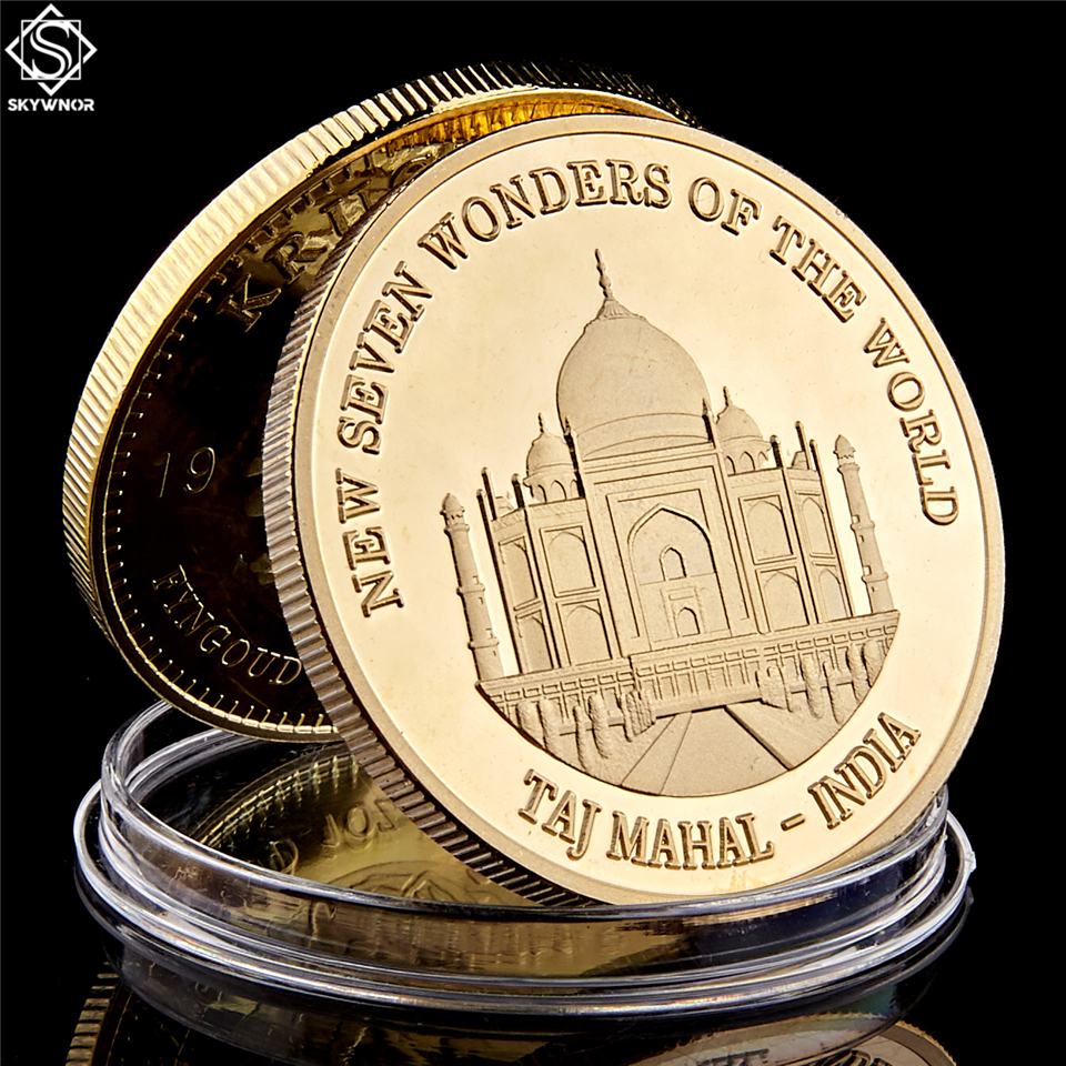 New Seven Wonders of The World India Taj Mahal Gold Plated Travel Art Crafts Famous Building Collectible Coin-image-583793072