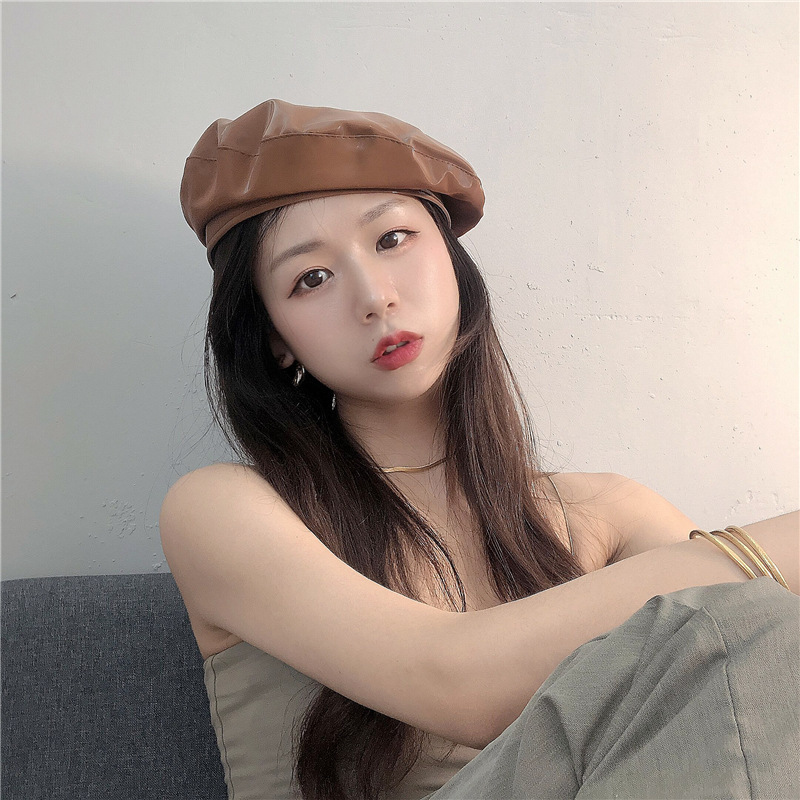 

Kapelusz Casquette PU Leather Hat Female Beret Korean Style Wild Fashion Leather Berets Caps for Women Sombrero De Mujer Fashion, Black