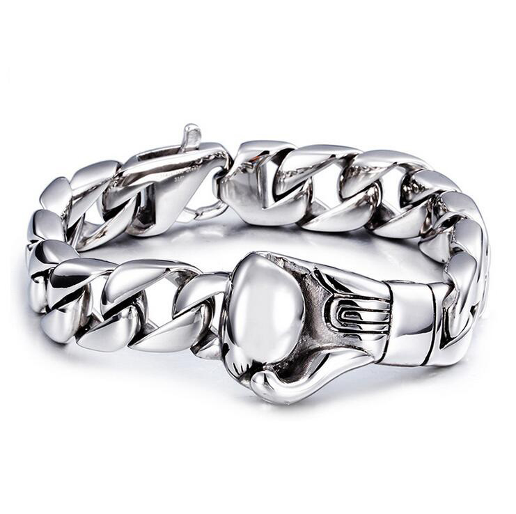 

15mm Stainless Steel Boxing Gloves Cuban Curb Link Chains Bracelets Bangle for Men Hip Hop Rock Biker Jewelry Silver Color
