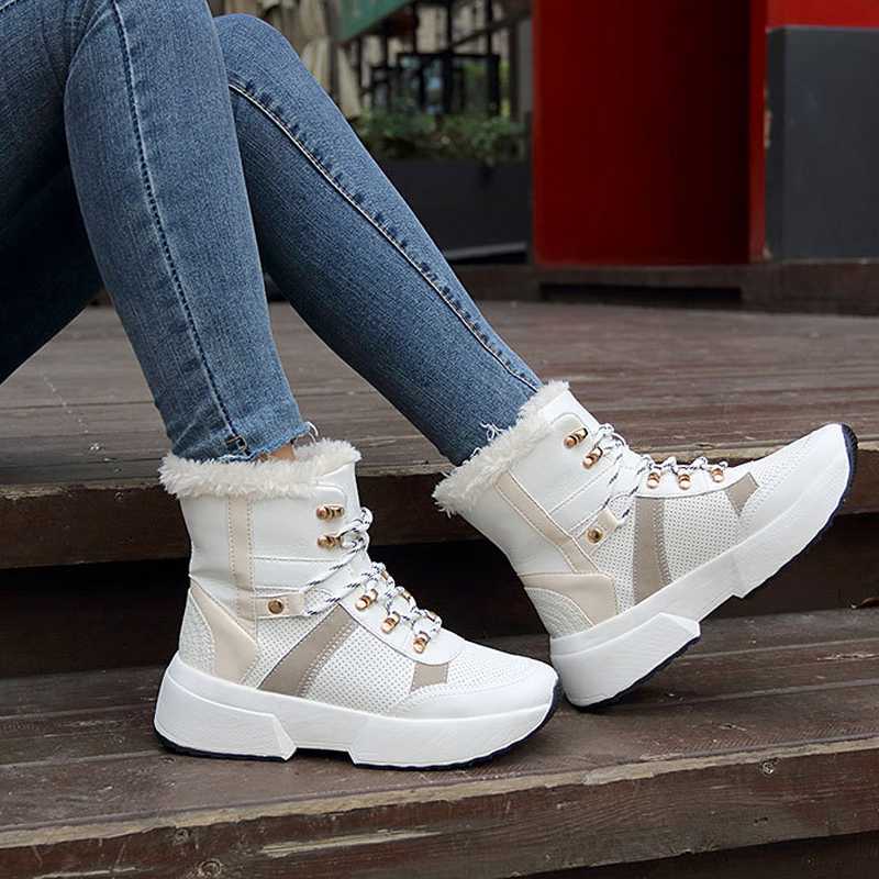 

Women snow boots thick plush warm winter shoes lace-up platform shoes fashion high-top boots women ankle black, Beige white