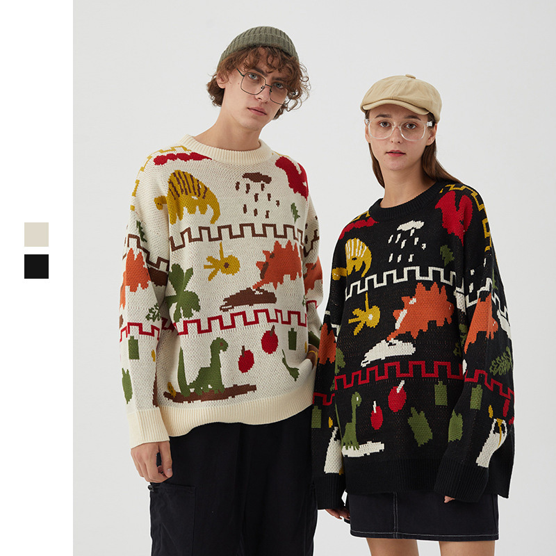 

Men's women's sweaters lazy Hong Kong style round neck loose sweater men autumn couple trend street hip-hop Winter cool sweater, Black