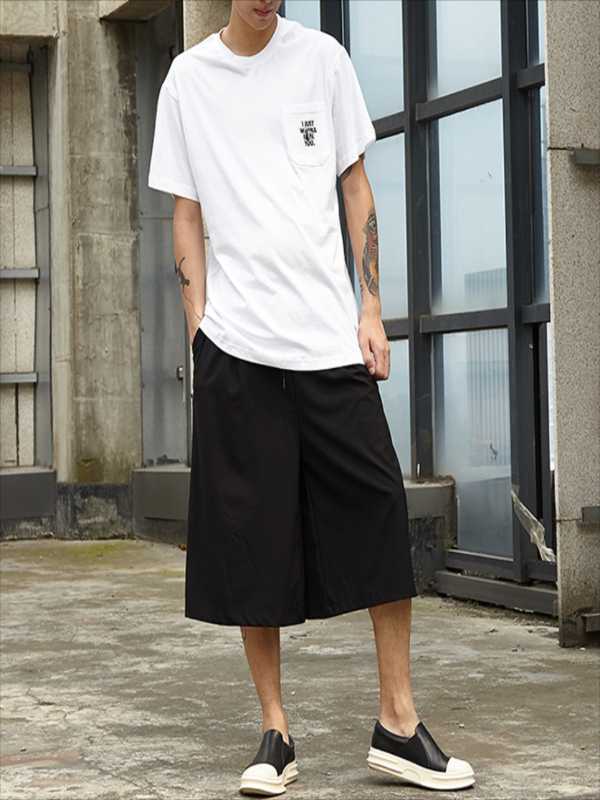 

Original design loose wild wide-leg pants men' cropped trousers elastic waist Yamamoto style trousers fabric shorts casual pant, Black