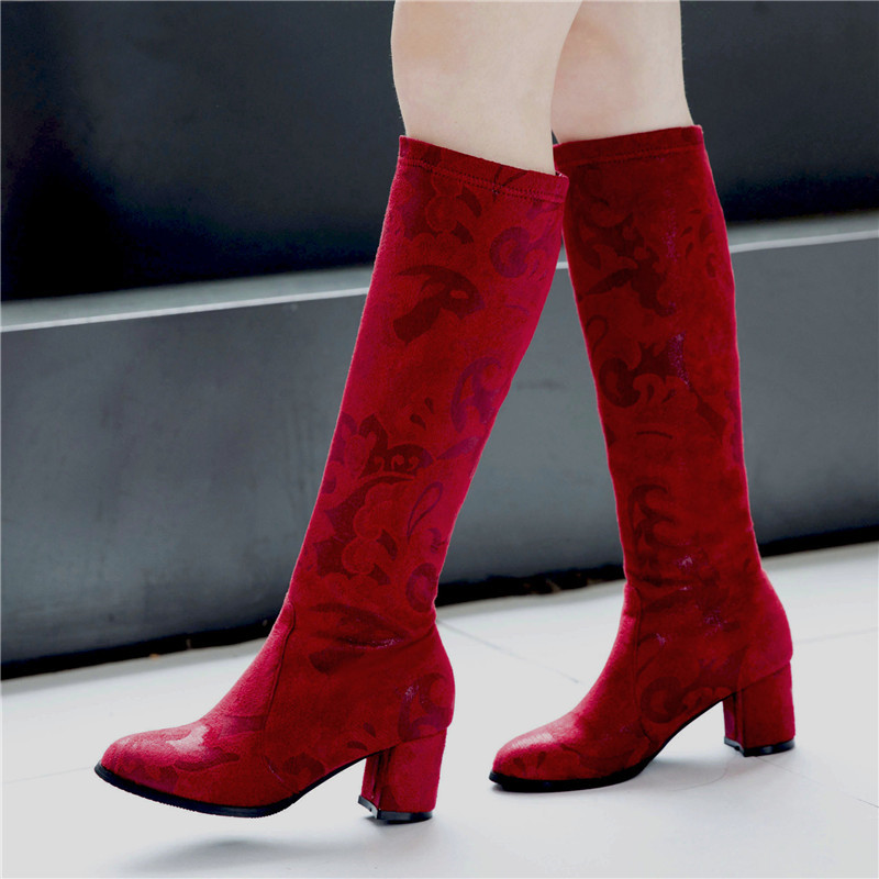 

Knee High Boots Women Fashion Velvet Red Black Long Boots Autumn Winter Women's High Zipper Shoes Woman Large Size 34- 45