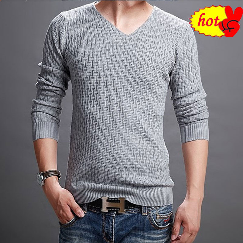 

Fashion New Autumn Men Solid Casual V-Neck Pullover Men Cotton Mens Sweaters Pull Homme, Blue