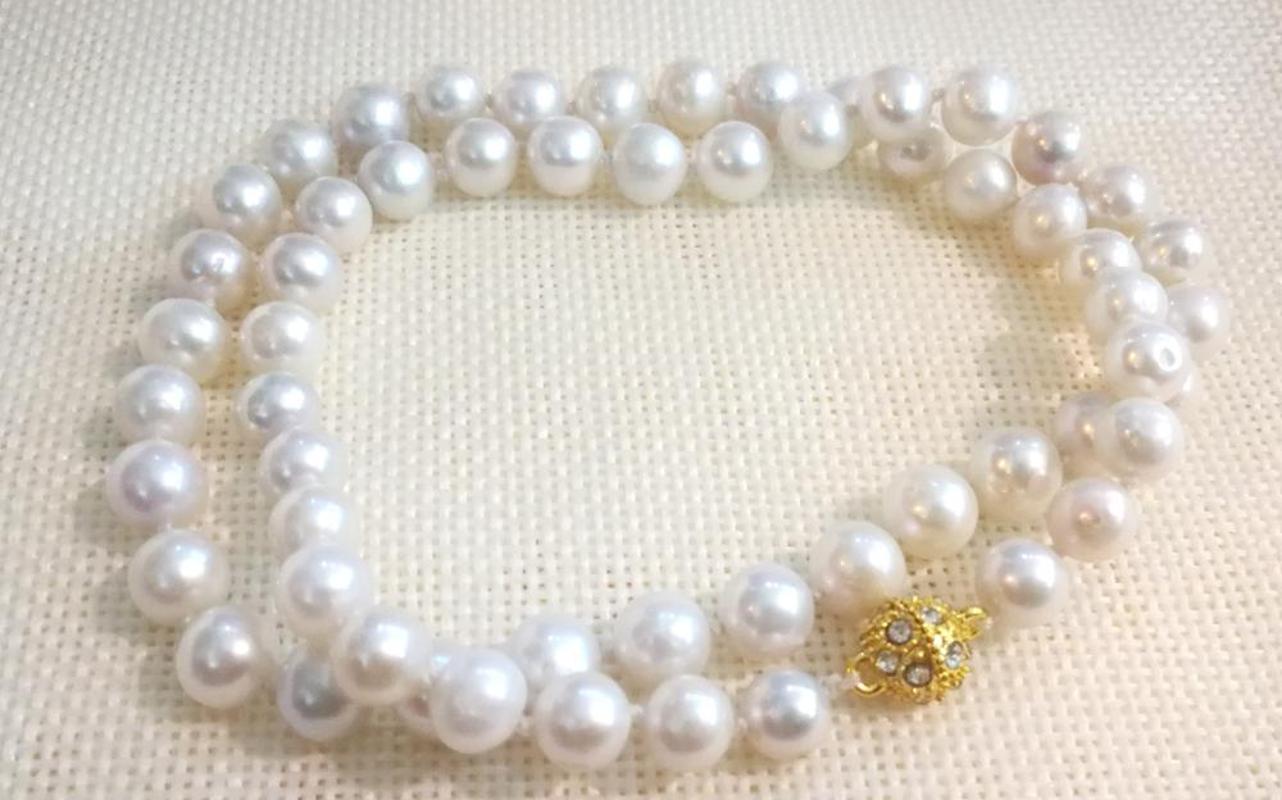 

8mm near round white pearl necklace rhinestone gold magnet clasp real Natural freshwater pearl Women Jewelry 35cm 43cm 14-17
