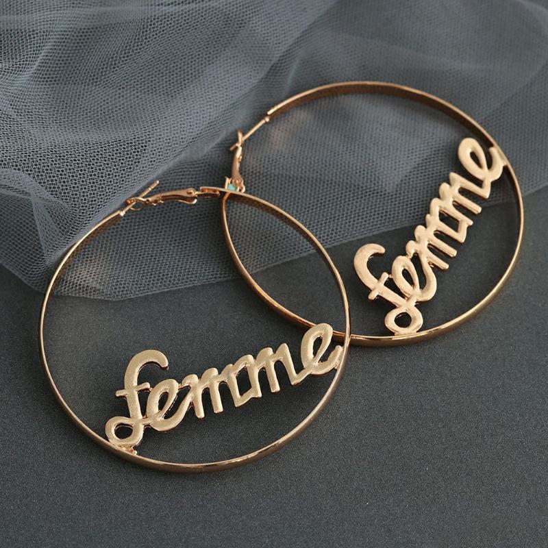

Hoop & Huggie 2021 1 Pair Fashion Women Large Circle Round Earrings Femme&Baby Letter Exaggerate Punk Hip-hop Jewelry
