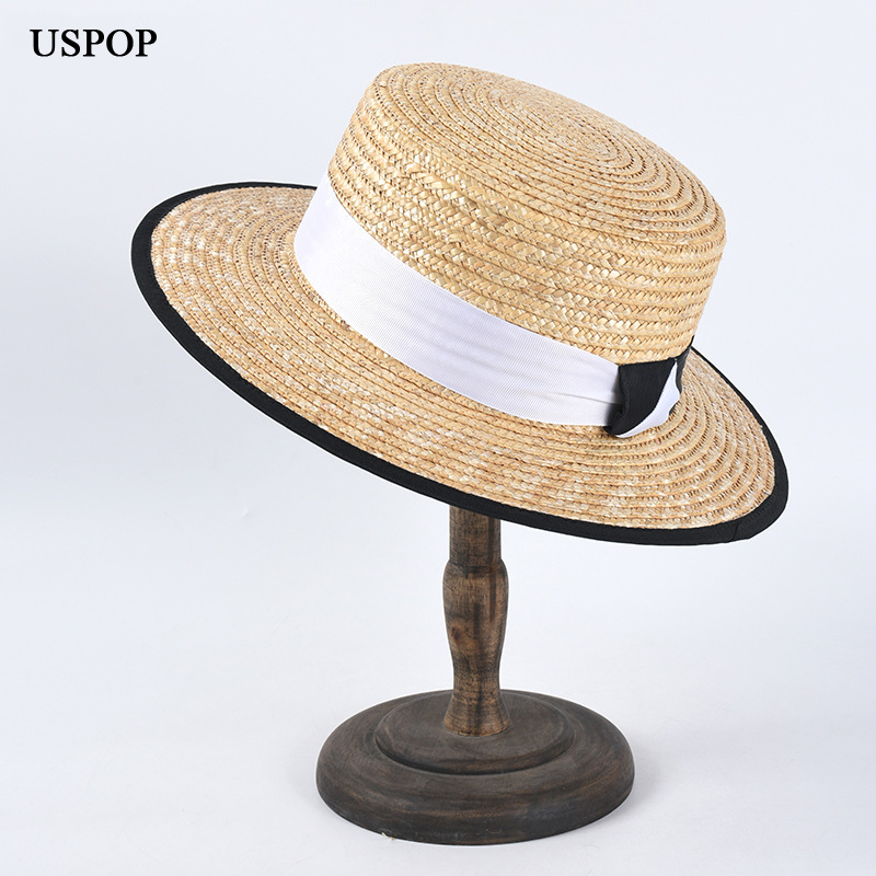 

USPOP 2020 New women summer hats natural straw sun hats rimmed straw hat female flat top patchwork white black ribbon beach hat, Khaki