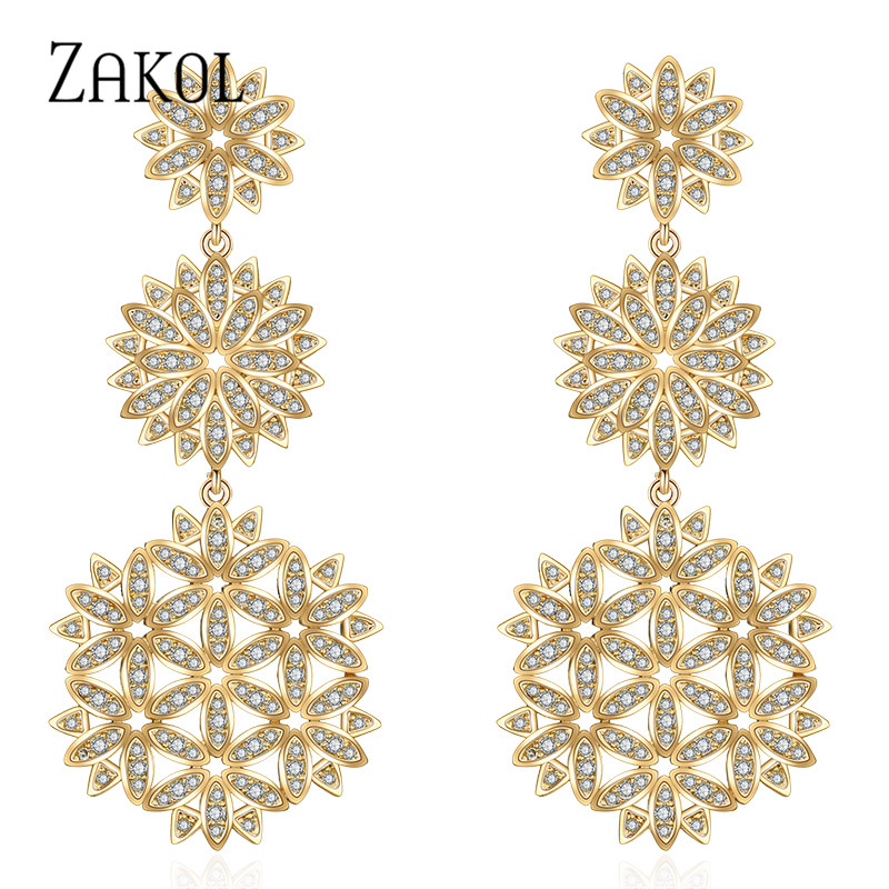 

ZAKOL Luxury CZ Zirconia Micro Paved Big Flower Drop Earrings Fashion Long Dangle Earrings for Brides Wedding Jewelry FSEP2137