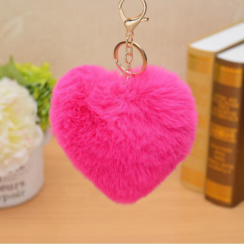 

Cute Love Heart Keychain Fluffy Fake Fur Pompom Ball Key Ring Women Girl Bag Charm Pendants Wedding Party Favor Gift
