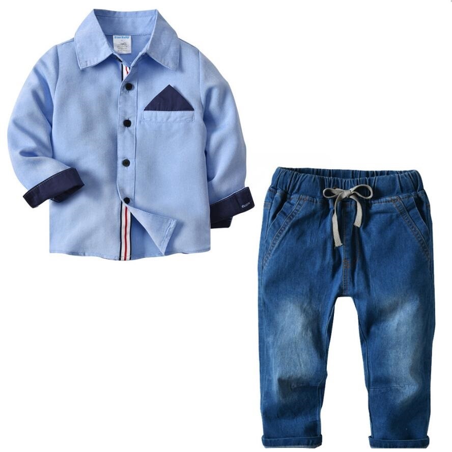 

Kids boy clothes set cool 3ps blue shirt ripped jeans bib set age 2T-7 circumference long sleeve children's clothing autumn set, As picture