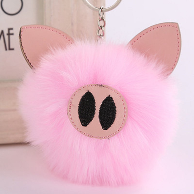 

Cute Charm Pink Pompon Pig Keychain Pendant Women Piggy Key Chain Rings Fluffy Fur Ball Bag Hang Toy Car Trinkets 6C0151