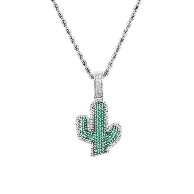 

Iced Out Cactus Pendant Necklace Newest Green Cubic Zircon Men's Charms Necklace Fashion Plant Hip Hop Jewelry
