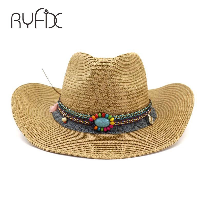

Straw hat men and women outdoor holiday beach hat couple western cowboy straw tassel HA51, White