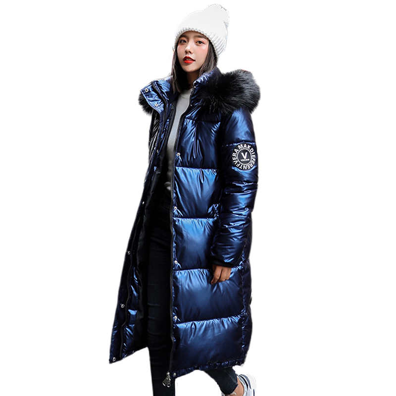 

women X-long oversize blue down jackets thick casual with fur epaulet 2020 winter female down coats hooded solid piumini donna, Black