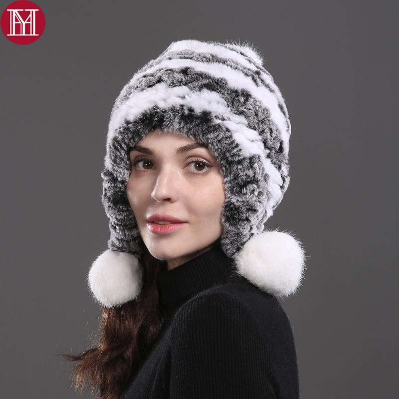 

new good elastic knitted real rex fur beanies women winter real rex fur hat 100% natural cap, Color 3