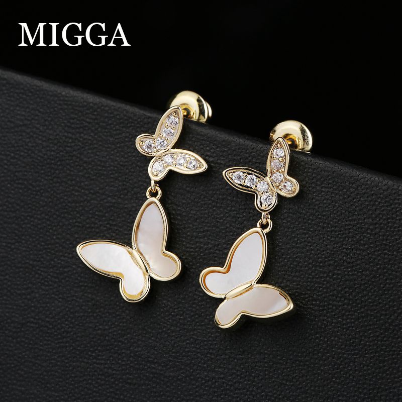 

MIGGA Natural Shell Butterfly Dangle Earrings Gold Color Cubic Zircon Women Earrings Party Jewelry